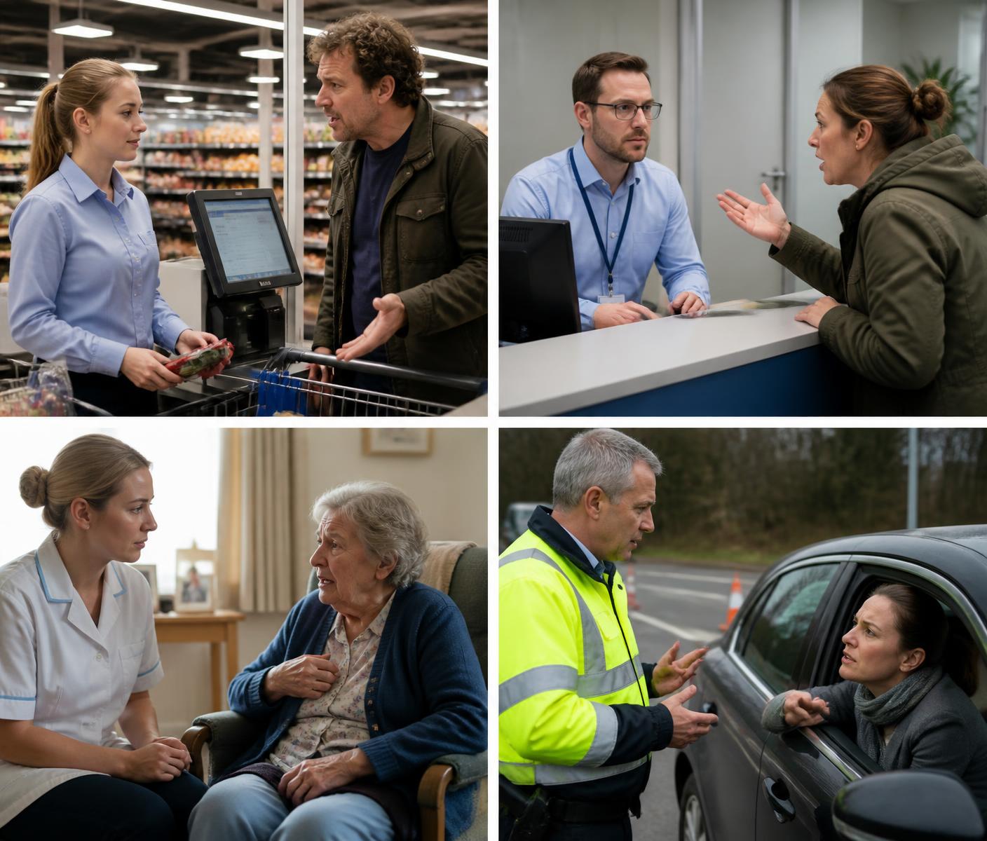 Vier werksituaties met oplopende spanning: zelfscankassa, publieksbalie, zorgmedewerker en verkeersregelaar.